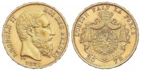 WORLD COINS: BELGIUM
Belgium
20 Francos. 1876. LEOPOLDO II. 6,43 grs. AU. Leyenda en canto: Posición A. Fr-8; KM-37. EBC.