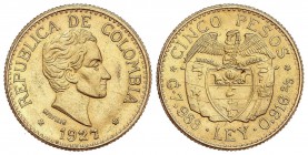 WORLD COINS: COLOMBIA
Colombia
5 Pesos. 1927. MEDELLÍN. 7,95 grs. AU. Simón Bolívar. MFDFLLIN bajo el busto. Fr-115; KM-204. EBC.