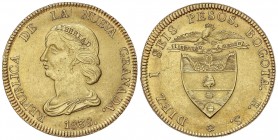 WORLD COINS: COLOMBIA
Colombia
16 Pesos. 1838. REPÚBLICA DE LA NUEVA GRANADA. BOGOTÁ. R.S. 27,04 grs. AU. Encapsulado por PCGS (nº 166157.92/3830640...