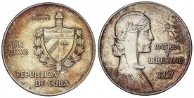 WORLD COINS: CUBA
Cuba
1 Peso. 1937. 26,60 grs. AR. Tipo ABC. Pátina original. MUY ESCASA. KM-22. EBC-.