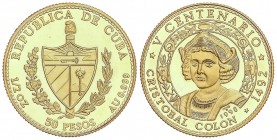 WORLD COINS: CUBA
Cuba
50 Pesos. 1990. 15,51 grs. AU. V Centenario Cristóbal Colón. Tirada: 250 piezas. Fr-46; KM-298. PROOF.