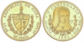 WORLD COINS: CUBA
Cuba
50 Pesos. 1991. 15,50 grs. AU. V Centenario Juana la Loca. Tirada: 200 piezas. Fr-62; KM-444. PROOF.