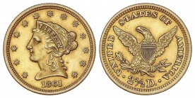 WORLD COINS: UNITED STATES
United States of America
2 1/2 Dólares. 1861. 4,18 grs. AU. Coronet Head. Fr-114; KM-72. EBC.