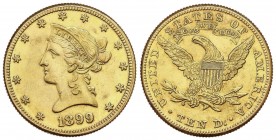 WORLD COINS: UNITED STATES
United States of America
10 Dólares. 1899. 16,66 grs. AU. Coronet Head. Fr-158; KM-102. EBC-.