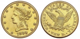 WORLD COINS: UNITED STATES
United States of America
10 Dólares. 1899. 16,70 grs. AU. Coronet Head. Fr-158; KM-102. EBC-.