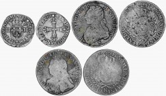 WORLD COINS: FRANCE
France
Lote 3 monedas 1/4 y 1 Ecu (2). AR. 1/4 Franco 1579 Enrique III, 1 Ecu 1726-K Luis XV y 1 Ecu Luis XVI con fecha no visib...