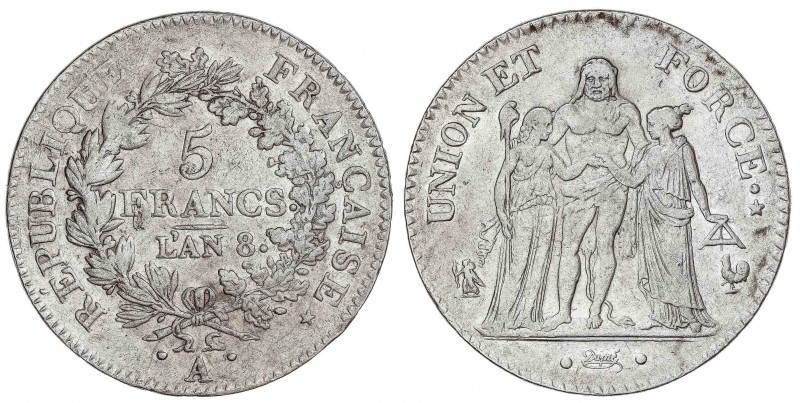 WORLD COINS: FRANCE
France
5 Francos. An 8-A. I REPÚBLICA. PARÍS. 24,87 grs. A...