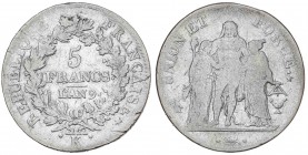 WORLD COINS: FRANCE
France
5 Francos. An 9-K. I REPÚBLICA. BURDEOS. 24,54 grs. AR. (Golpecitos). KM-639.5. BC+.