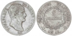 WORLD COINS: FRANCE
France
5 Francos. An 12-Q. BONAPARTE PREMIER CONSUL. PERPIÑÁN. 24,67 grs. AR. KM-659.12. BC+.