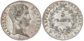 WORLD COINS: FRANCE
France
5 Francos. An 14-A. NAPOLEÓN EMPEREUR. PARÍS. 24,82 grs. AR. (Ligeras rayitas). KM-662.1. EBC-.