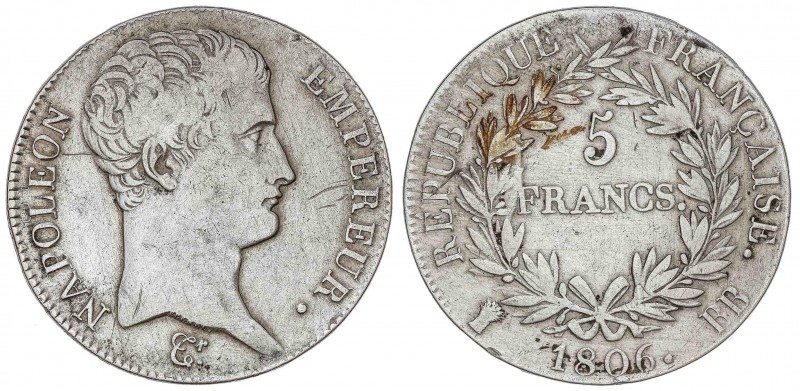 WORLD COINS: FRANCE
France
5 Francos. 1806 BB. NAPOLEÓN EMPEREUR. ESTRASBURGO....