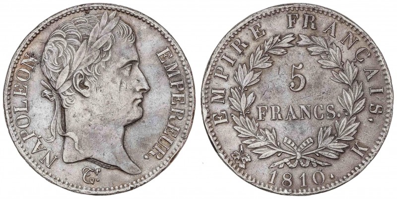 WORLD COINS: FRANCE
France
5 Francos. 1810-K. NAPOLEÓN EMPEREUR. BURDEOS. 24,7...