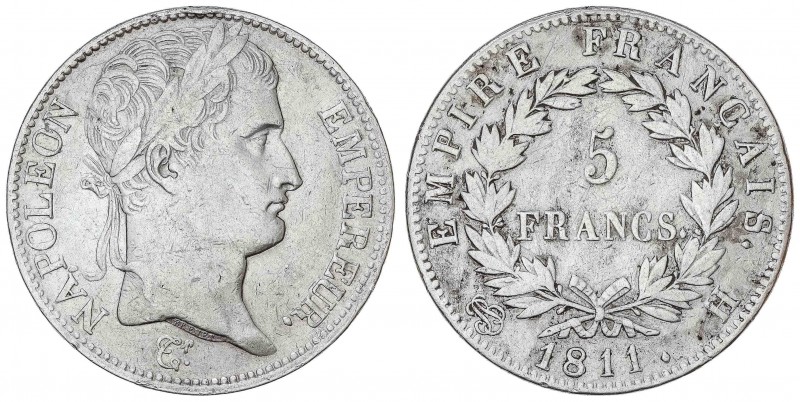 WORLD COINS: FRANCE
France
5 Francos. 1811-H. NAPOLEÓN EMPEREUR. LA ROCHELLE. ...