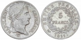 WORLD COINS: FRANCE
France
5 Francos. 1811-L. NAPOLEÓN EMPEREUR. BAYONA. 24,94 grs. AR. (Rayitas). ESCASA. KM-649.9. EBC-.