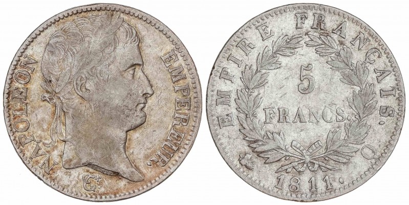 WORLD COINS: FRANCE
France
5 Francos. 1811-Q. NAPOLEÓN EMPEREUR. PERPIÑÁN. 24....