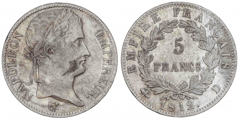 WORLD COINS: FRANCE
France
5 Francos. 1812-D. NAPOLEÓN EMPEREUR. LYON. 24.74 g...