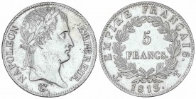 WORLD COINS: FRANCE
France
5 Francos. 1813-T. NAPOLEÓN EMPEREUR. NANTES. 24,9 grs. AR. (Pequeñas oxidaciones en anverso limpiadas). KM-694.14. MBC+/...