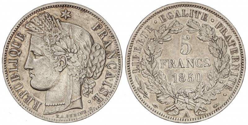 WORLD COINS: FRANCE
France
5 Francos. 1850-A. PARÍS. 24,80 grs. AR. (Golpecito...