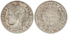 WORLD COINS: FRANCE
France
5 Francos. 1850-A. PARÍS. 24,80 grs. AR. (Golpecitos). KM-761.1. EBC-.