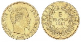 WORLD COINS: FRANCE
France
5 Francos. 1856-A. NAPOLEÓN III. PARÍS. 1,59 grs. AU. Fr-578a; KM-787.1. MBC.