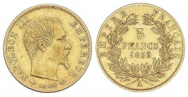WORLD COINS: FRANCE
France
5 Francos. 1859-A. NAPOLEÓN III. PARÍS. 1,59 grs. AU. Fr-578a; KM-787.1. MBC+.