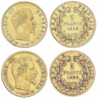 WORLD COINS: FRANCE
France
Lote 2 monedas 5 Francos. 1858-A y 1860-A. NAPOLEÓN III. PARÍS. AU. (La de 1858 cospel algo doblado). A EXAMINAR. Fr-578a...