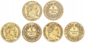 WORLD COINS: FRANCE
France
Lote 3 monedas 5 Francos. 1864-A, 1865-BB y 1866-BB. NAPOLEÓN III. PARÍS y ESTRASBURGO (2). AU. (La de 1865 cospel algo d...