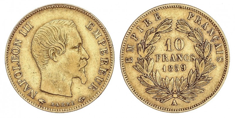 WORLD COINS: FRANCE
France
10 Francos. 1859-A. NAPOLEÓN III. PARÍS. 3,19 grs. ...