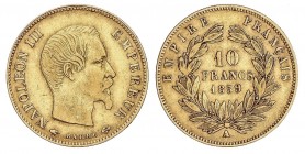 WORLD COINS: FRANCE
France
10 Francos. 1859-A. NAPOLEÓN III. PARÍS. 3,19 grs. AU. Fr-576a; KM-784.3. MBC.