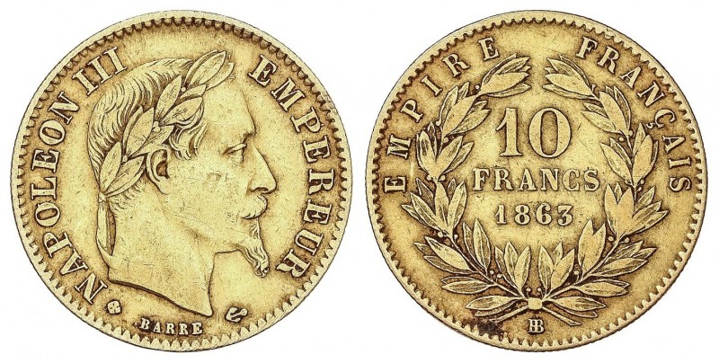 WORLD COINS: FRANCE
France
10 Francos. 1863-BB. NAPOLEÓN III. ESTRASBURGO. 3,1...