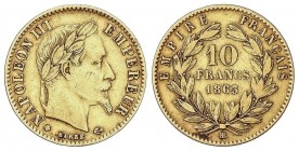 WORLD COINS: FRANCE
France
10 Francos. 1863-BB. NAPOLEÓN III. ESTRASBURGO. 3,16 grs. AU. (Marquitas). Fr-587; KM-800.2. MBC.