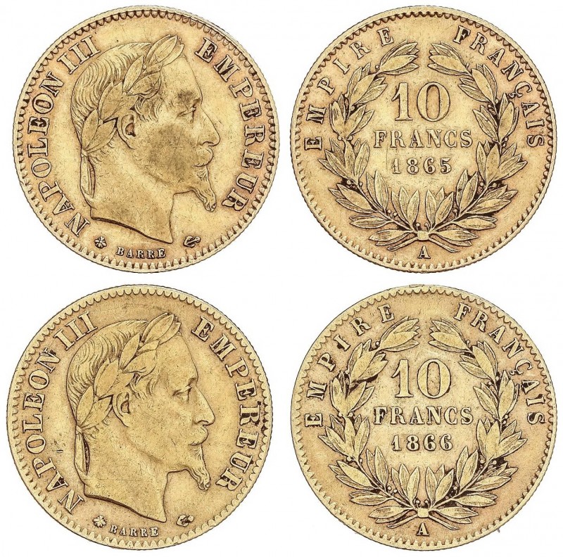 WORLD COINS: FRANCE
France
Lote 2 monedas 10 Francos. 1865-A y 1866-A. NAPOLEÓ...