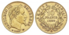 WORLD COINS: FRANCE
France
10 Francos. 1868-A. NAPOLEÓN III. PARÍS. 3,20 grs. AU. Fr-586; KM-800.1. MBC/MBC+.