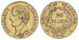 WORLD COINS: FRANCE
France
20 Francos. Año 12-A. BONAPARTE PREMIER CONSUL. PARÍS. 6,39 grs. AU. Fr-480; KM-651. MBC.