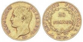 WORLD COINS: FRANCE
France
20 Francos. An 13-A. NAPOLEÓN EMPEREUR. PARÍS. 6,39 grs. AU. Fr-487a; KM-663.1. MBC.