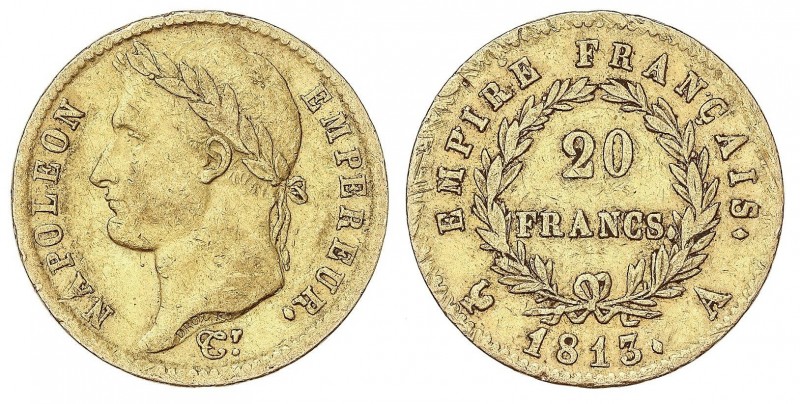 WORLD COINS: FRANCE
France
20 Francos. 1813-A. NAPOLEÓN EMPEREUR laureado. PAR...