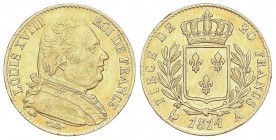WORLD COINS: FRANCE
France
20 Francos. 1814-A. LUIS XVIII. PARÍS. 6,39 grs. AU. Fr-525; KM-706.1. MBC+.