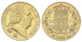WORLD COINS: FRANCE
France
20 Francos. 1818-A. LUIS XVIII. PARÍS. 6,39 grs. AU. (Raya y hojita en anverso). Fr-538; KM-712.1. MBC+.