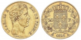 WORLD COINS: FRANCE
France
20 Francos. 1825-A. CARLOS X. PARÍS. 6,36 grs. AU. Fr-549; KM-726.1. MBC/MBC+.