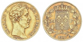 WORLD COINS: FRANCE
France
20 Francos. 1827-A. CARLOS X. PARÍS. 6,37 grs. AU. (Limpiada). ESCASA. Fr-549; KM-726.1. MBC.