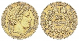 WORLD COINS: FRANCE
France
20 Francos. 1849-A. II REPÚBLICA. PARÍS. 6,41 grs. AU. ESCASA. Fr-566; KM-762. MBC+.