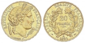 WORLD COINS: FRANCE
France
20 Francos. 1851-A. II REPÚBLICA. PARÍS. 6,41 grs. AU. Fr-566; KM-762. MBC+.