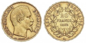 WORLD COINS: FRANCE
France
20 Francos. 1852-A. LUIS NAPOLEÓN BONAPARTE. PARÍS. 6,41 grs. AU. Fr-568; KM-774. MBC.