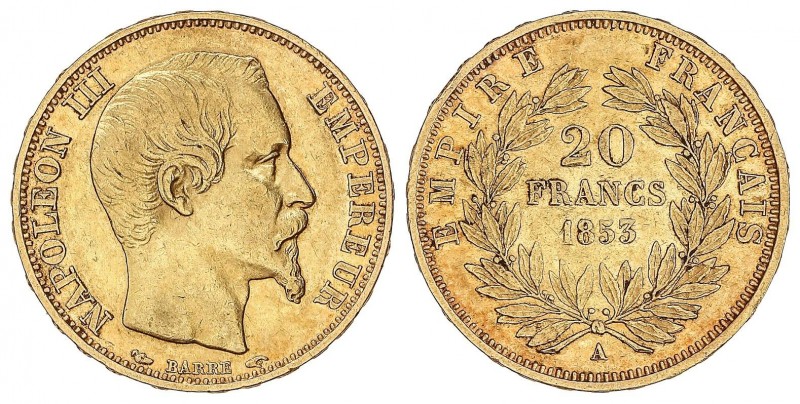 WORLD COINS: FRANCE
France
20 Francos. 1853-A. NAPOLEÓN III. PARÍS. 6,41 grs. ...