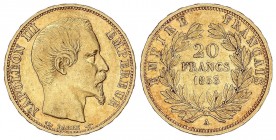 WORLD COINS: FRANCE
France
20 Francos. 1853-A. NAPOLEÓN III. PARÍS. 6,41 grs. AU. Fr-573; KM-781.1. MBC.