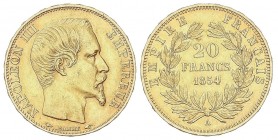 WORLD COINS: FRANCE
France
20 Francos. 1854-A. NAPOLEÓN III. PARÍS. 6,41 grs. AU. Fr-573; KM-781.1. MBC+.