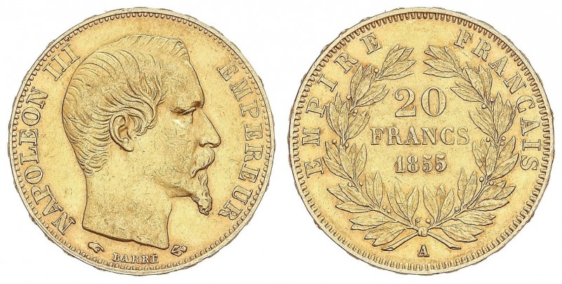 WORLD COINS: FRANCE
France
20 Francos. 1855-A. NAPOLEÓN III. PARÍS. 6,43 grs. ...