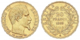 WORLD COINS: FRANCE
France
20 Francos. 1855-A. NAPOLEÓN III. PARÍS. 6,43 grs. AU. Fr-573; KM-781.1. MBC+.