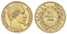 WORLD COINS: FRANCE
France
20 Francos. 1856-A. NAPOLEÓN III. PARÍS. 6,39 grs. AU. Fr-573; KM-781.1. MBC.