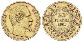 WORLD COINS: FRANCE
France
20 Francos. 1858-A. NAPOLEÓN III. PARÍS. 6,45 grs. AU. (Hojita en anverso). Fr-573; KM-781.1. MBC.